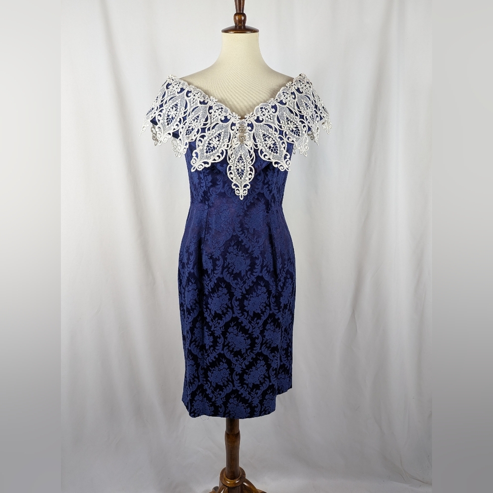 Scott McClintock Blue Floral Lace Off Shoulder Ruffle Broach Bodycon Dress Sz 8
